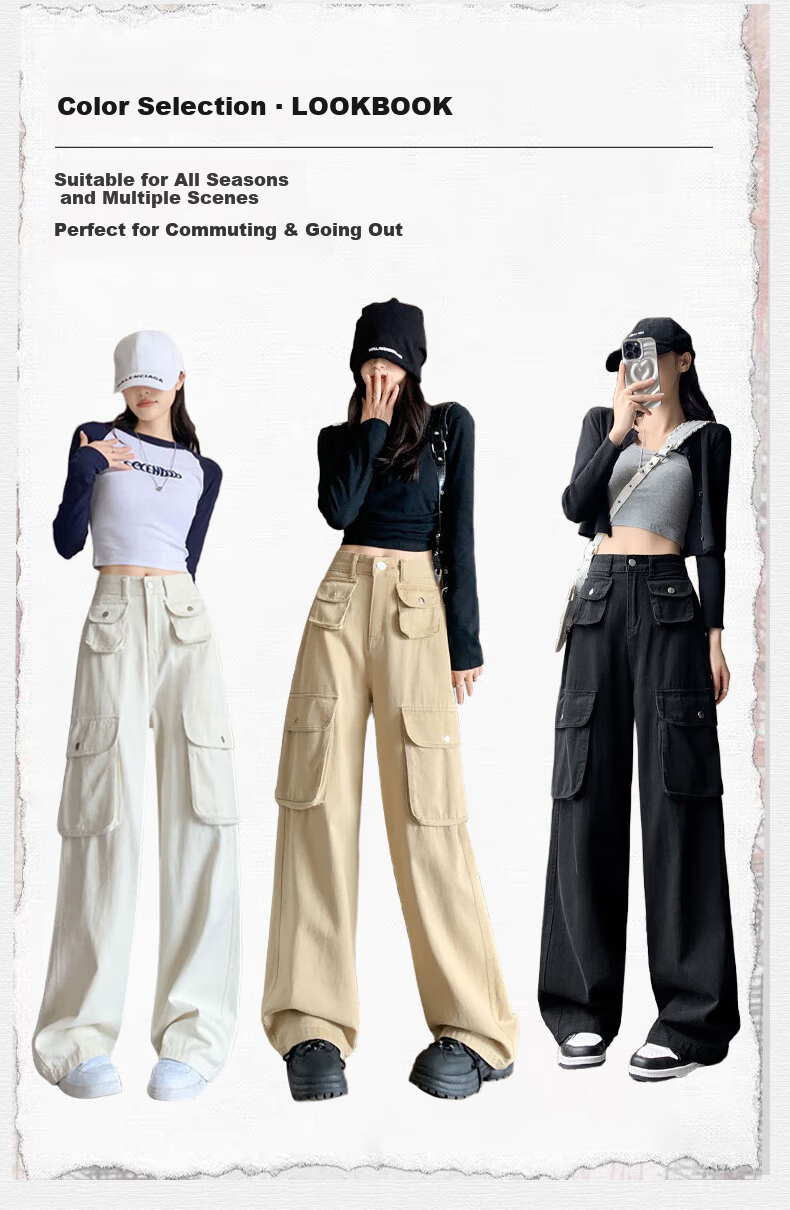 Langsha Women's Workwear Casual Cotton High-Waist Straight-Leg Trendy Pocket Wide-Leg American Style Spring Pants 14