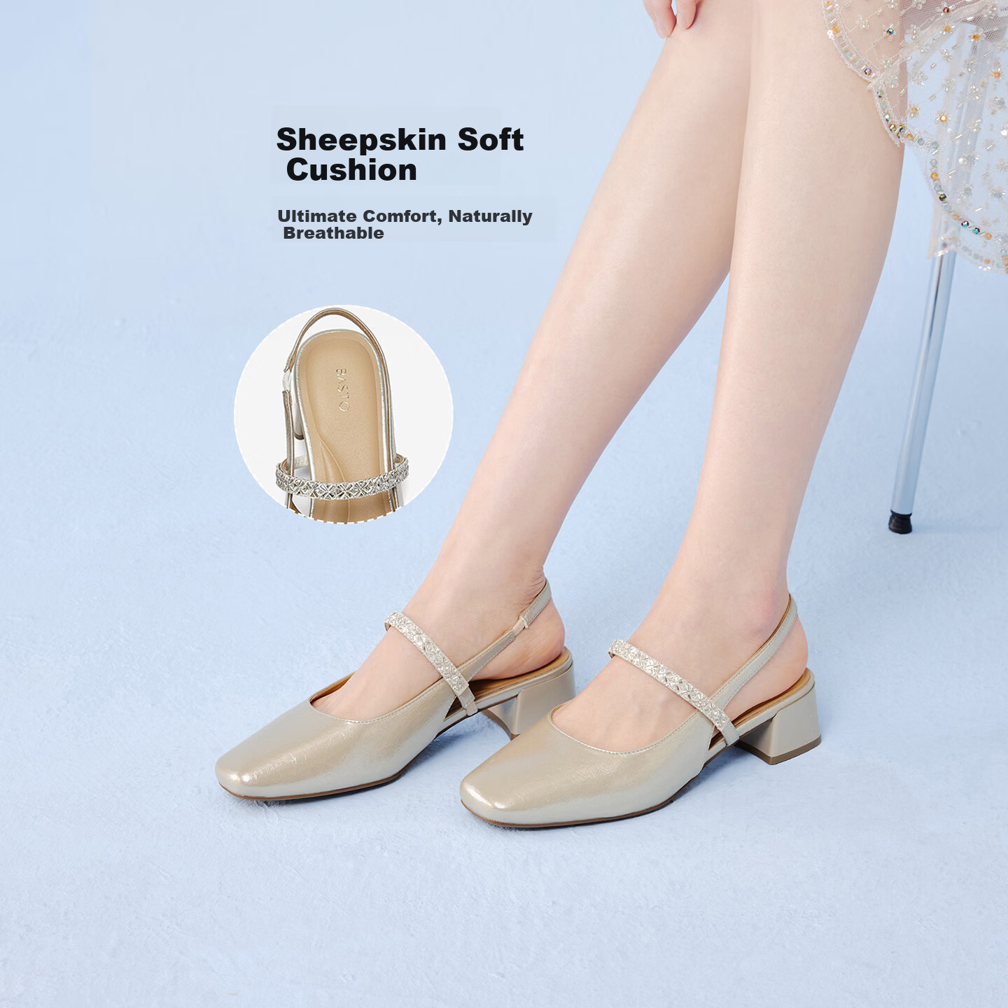 BASTO 26 Summer Open Back Sandals Fashion Trendy Commuter Women's Shoes F5085BH6 Light Gold 38