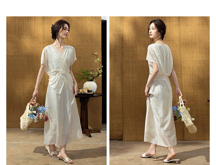 Demana Wrinkled Acetate Summer Elegant Luxury V-Neck Cross Waist Batwing Sleeve Lightweight Dress for Women High-End Feel 11