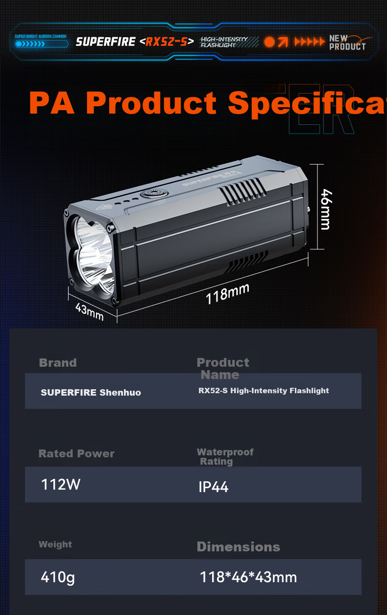 SupFire RX52-S Flashlight High Brightness Long Battery Life Long Range Outdoor Military Spotlight 200000 Lumens 15