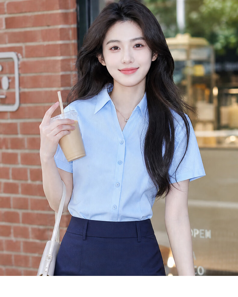 Chaoxu Plus Size Blue Shirt Women's Summer Short Sleeve Simple Loose Commuter Blouse Professional Teacher Bank Uniform Top 16