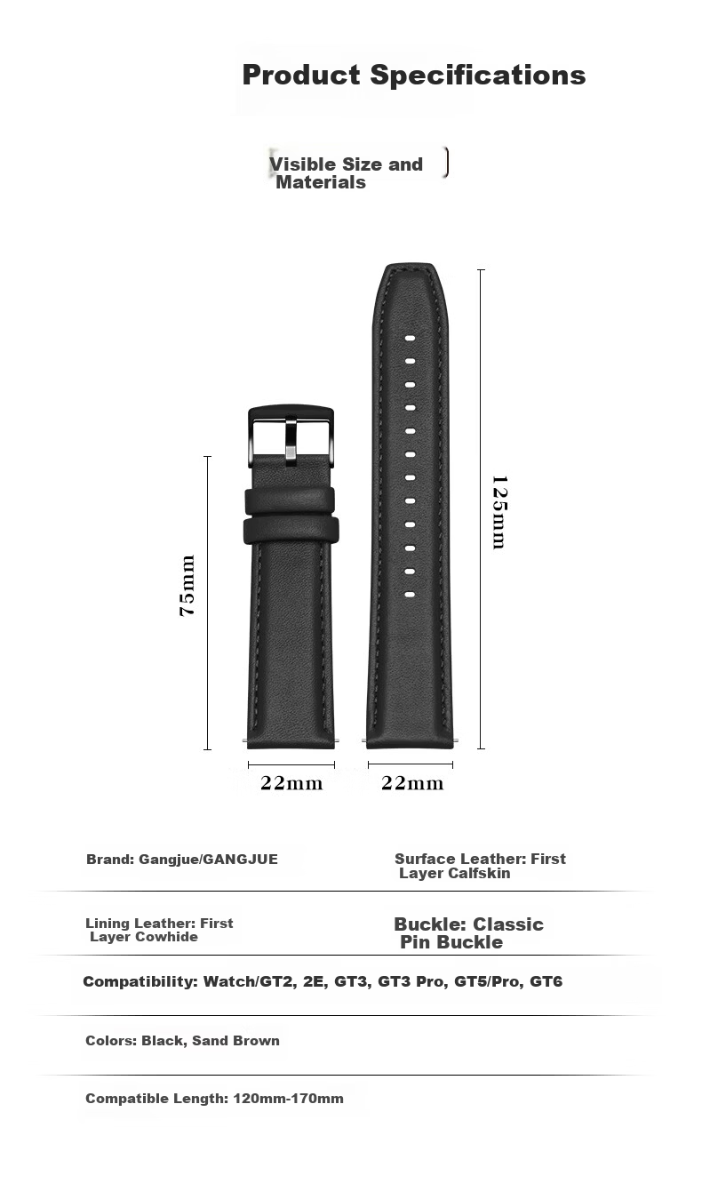 Gangjue Genuine Leather Watch Strap for Huawei GT6/GT5/GT4 Pro/Watch5/4/3/2 Women’s 41/42MM First Layer Cowhide Frost White 18mm Band 15