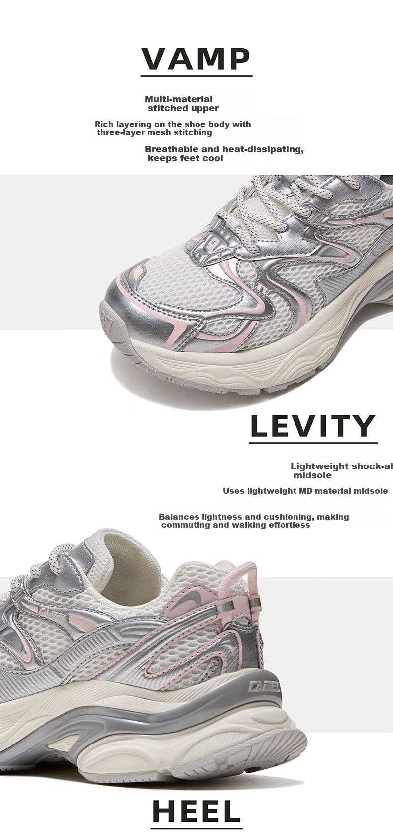 CAMEL Galaxy 2nd Generation Women's Sports Shoes Breathable Casual Thick-Soled Dad Sneakers K26B30L4023 Ivory White/Grey Size 38 11