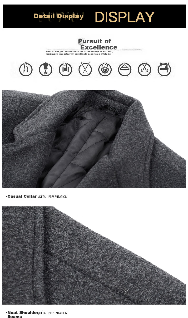 ROMON Men's Woolen Coat Casual Business Formal Wool Jacket LL1931 Black M 20