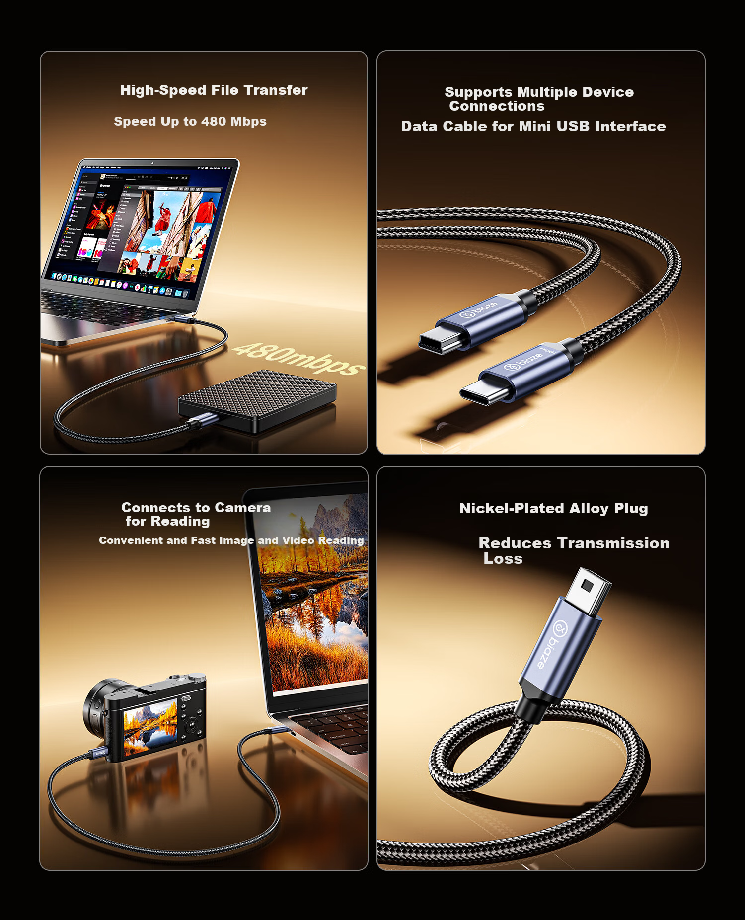 BIAZE Type-C to Mini USB Data Cable, Mini Adapter for DSLR Digital Cameras And Hard Drives, Compatible with Phones, Tablets, MP3 Players, Car Charger, Dash Cam, Canon Monitor 3