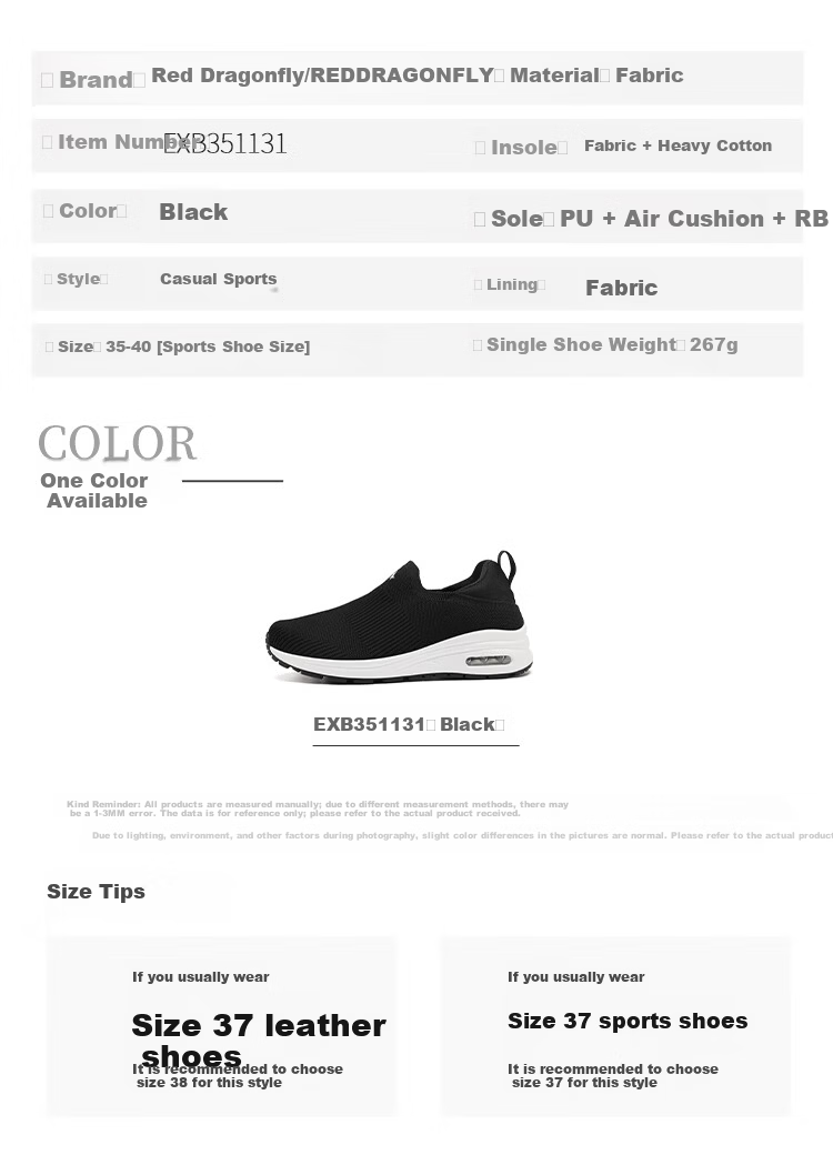 Red Dragonfly Women's Casual Shoes Autumn Breathable Slip-On Lightweight Soft Sole Lazy Height-Increasing Sports Shoes EXB351131 Black Size 35 9