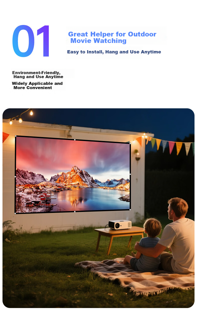 PInYUE 100-inch 16:9 Projection Screen Wall-Mountable White Screen 4K HD No-Drill Foldable Outdoor Portable Screen Compatible with XGIMI, JmGO, Dangbei Projectors 2