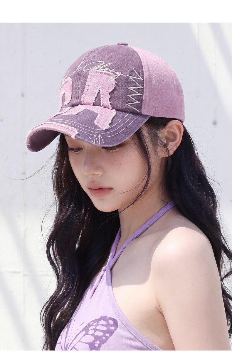 CACUSS Women's Summer Fashion Trendy Colorblock Distressed Edge Baseball Cap Outdoor Sun Hat Pink Purple 9