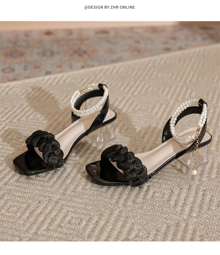 ZHR Women's Sandals with Chunky Heel, Comfortable And Stylish Women's Shoes, Elegant Pearl Chain Slimming Shoes for Women JF28 Beige 36 18