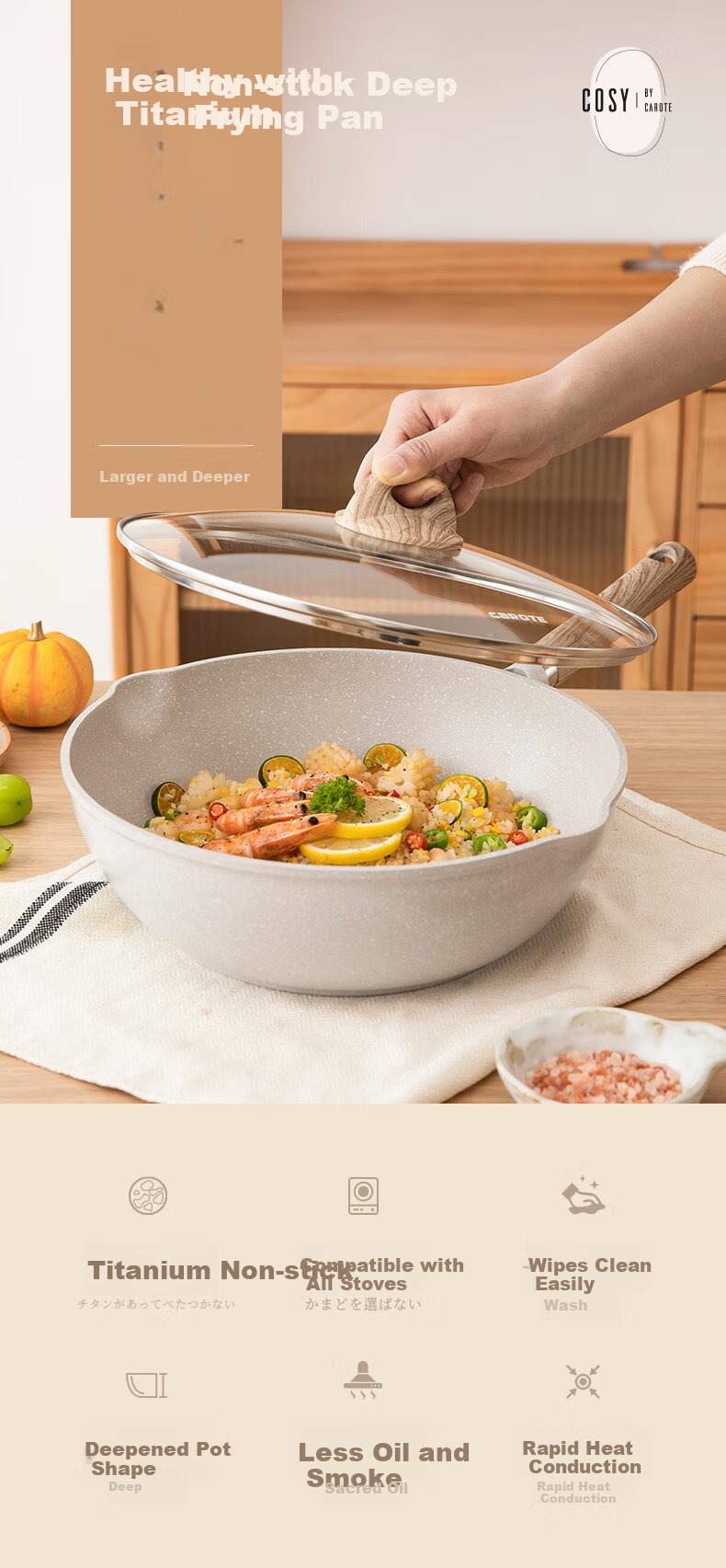 CaROTE Non-Stick Titanium Frying Pan 28cm Maifan Stone Wok Flat Bottom Pan for Induction and Gas Stove 1