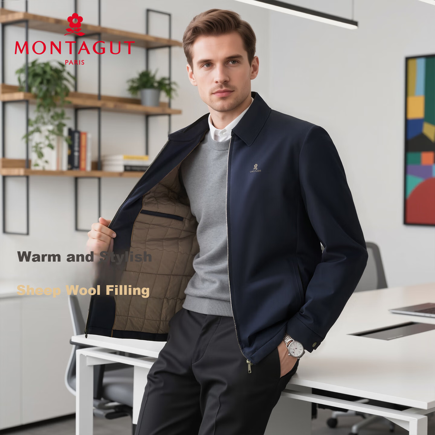 MONTAGUT Men's Winter Wool Jacket Cotton Coat Turn-down Collar Middle-aged Business Warm Cotton-padded Coat Navy Blue Size 50