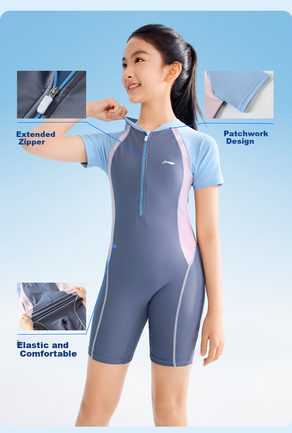 LI-NING Kids Girls One-Piece Swimsuit with Chest Pad Professional Training Swimwear for Middle and High School Students 2026 New Model 9