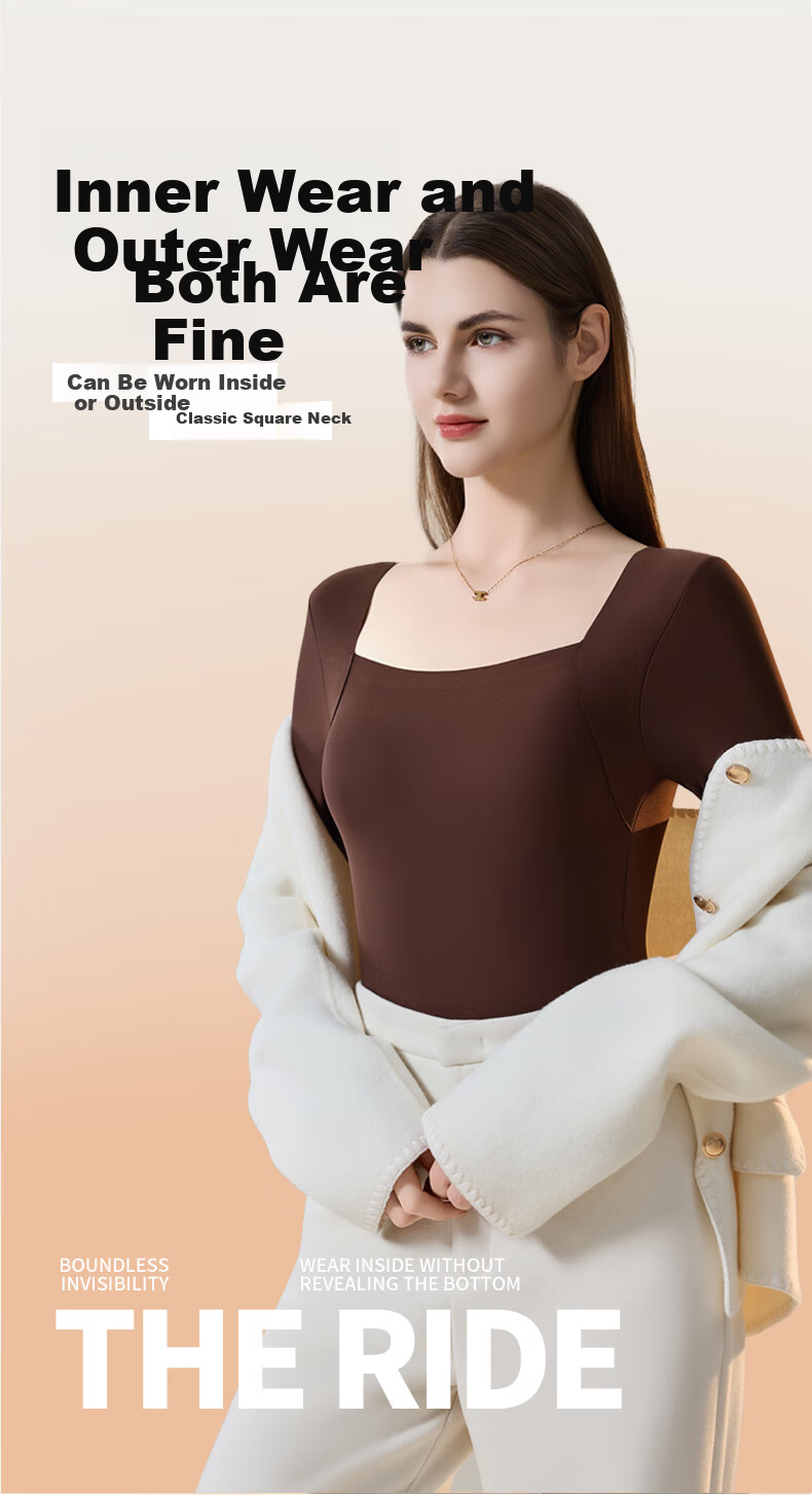 GUJIN Women's Thermal Underwear High Elasticity Square Neck Base Layer Top Coffee Color Autumn Winter 2025 New 5