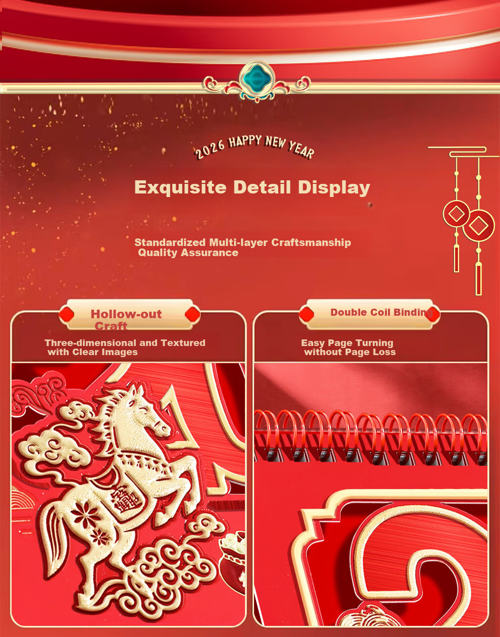 Faramon 2026 New Desk Calendar Chinese Style Yearly Planner Creative Office Desktop Horizontal Calendar Custom Year of the Horse Auspicious Calendar 6