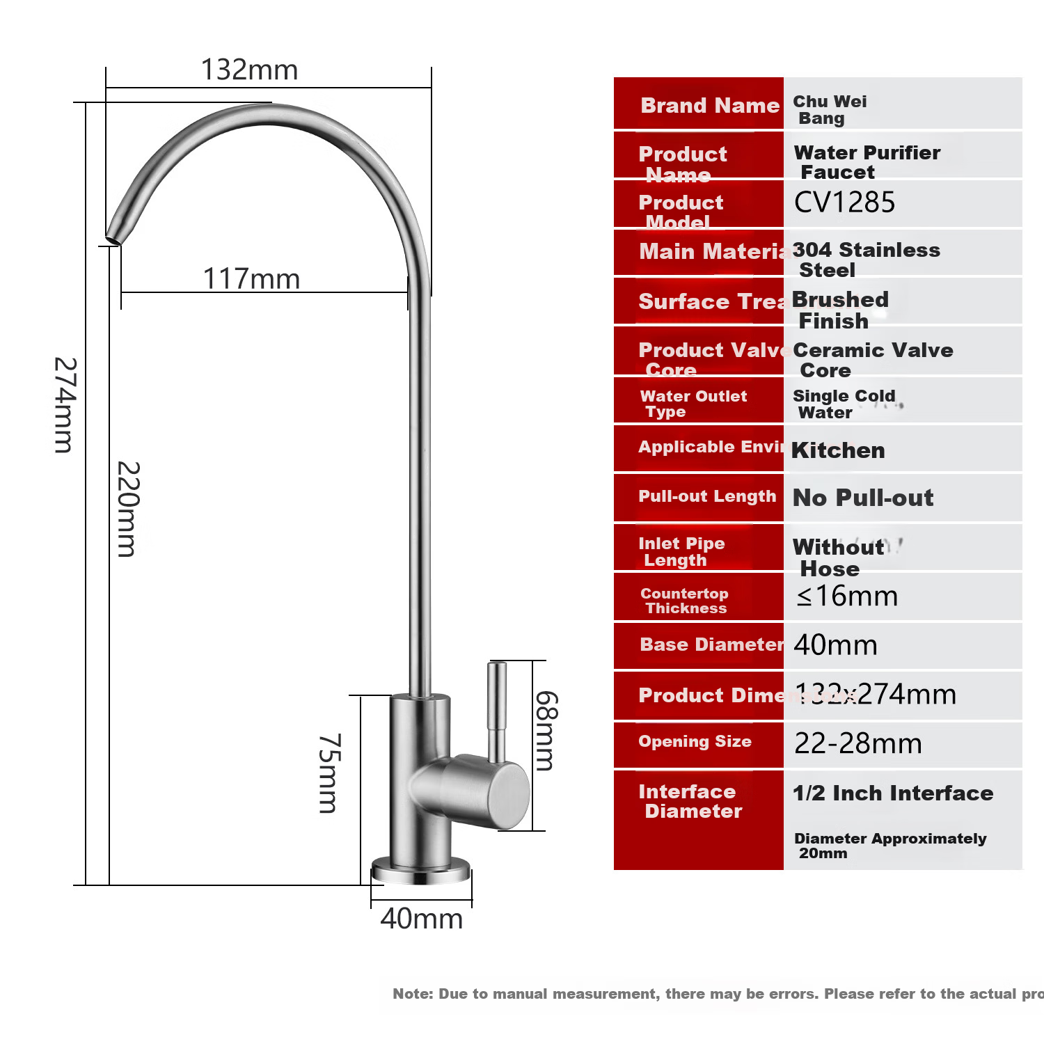 CVBAB Direct Drinking Kitchen Faucet Single Cold Tap 304 Stainless Steel Purifier Faucet 1/4" and 1/2" Connector CV1285