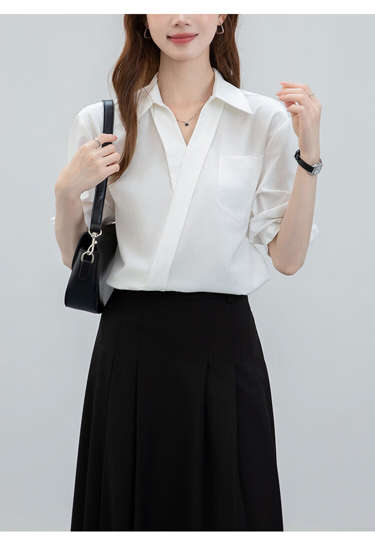 Handu Yishe Women's Short Sleeve Shirt 2026 Summer Commuting V-Neck Light Professional White Blouse M 9