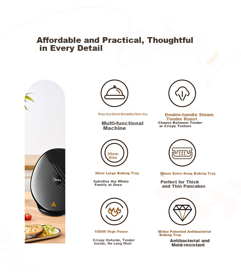Midea Electric Griddle, Home Pancake Maker, Grill Pan, Sandwich Breakfast Machine, Steam Grilling Plate, High-Power Meat Roaster, Thin Pancake Maker, Double-Sided Heating, Deep Electric Griddle, JKC3051 4