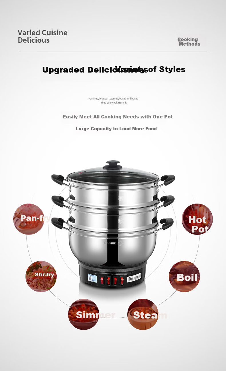 MeiLing Electric Frying Pan New Generation 304 Stainless Steel Electric Steamer Electric Cooker Multi-Functional Non-Stick Electric Pot Steamer Basket Multi-Purpose Electric Hot Pot Stir-Fry Pan 3