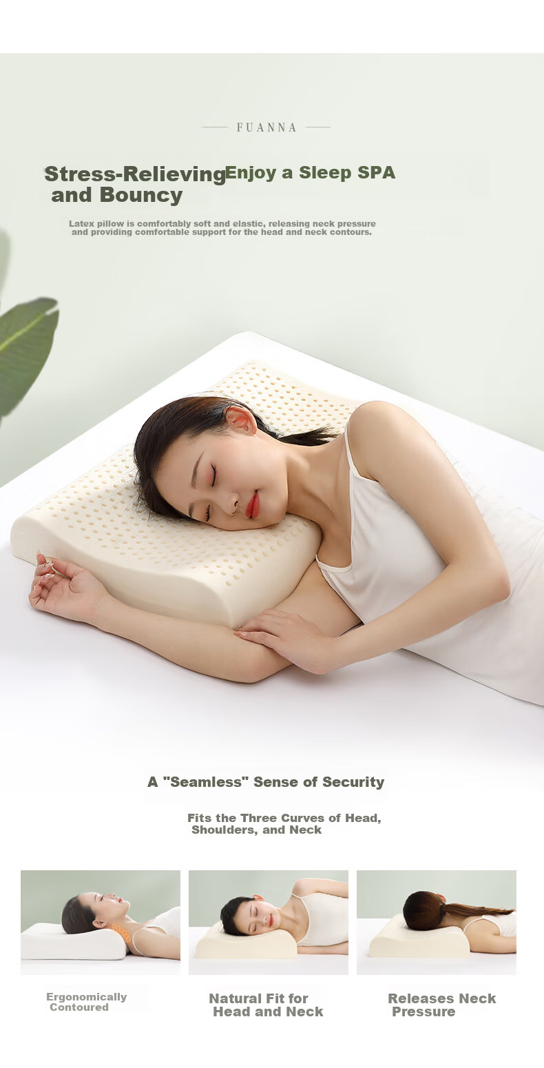 Fuanna Home Textile Latex Pillow Thai Imported Natural Deep Sleep Cervical Pillow Core Antibacterial High Pillow 59*39*10/12cm 6