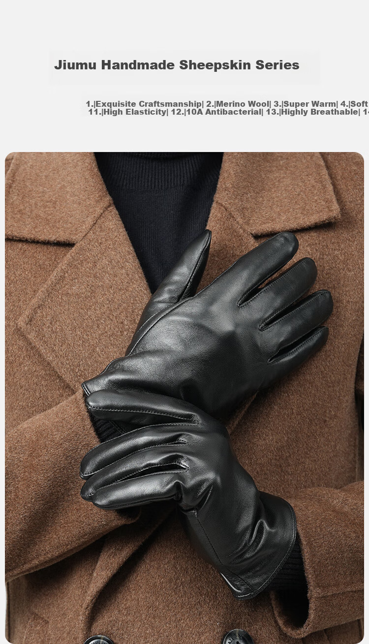 JIUMU Sheepskin Warm Genuine Leather Gloves for Men, Winter Fleece-Lined Windproof Cold-Resistant Touchscreen Compatible Gloves 2