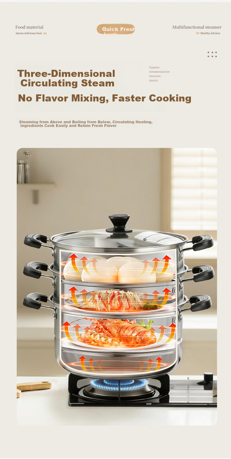 MAXCOOK Stainless Steel 3-Layer Steamer Pot 34cm Large Capacity Stew and Soup Pot Compatible with Gas Stove and Induction Cooker MCZ3709 3