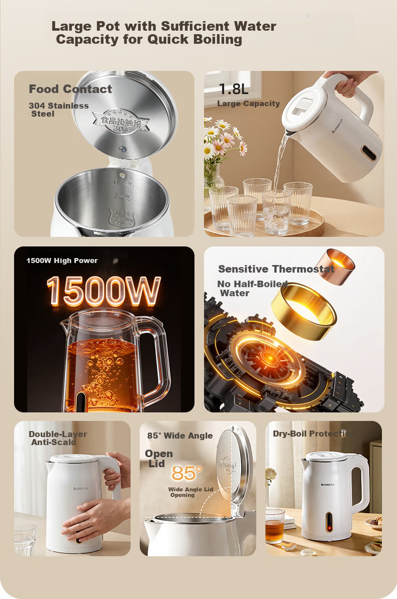 CHIGO Electric Kettle 1.8L Double-Layer Anti-Scald Stainless Steel Water Boiler High Power Fast Boiling Household Kettle 3