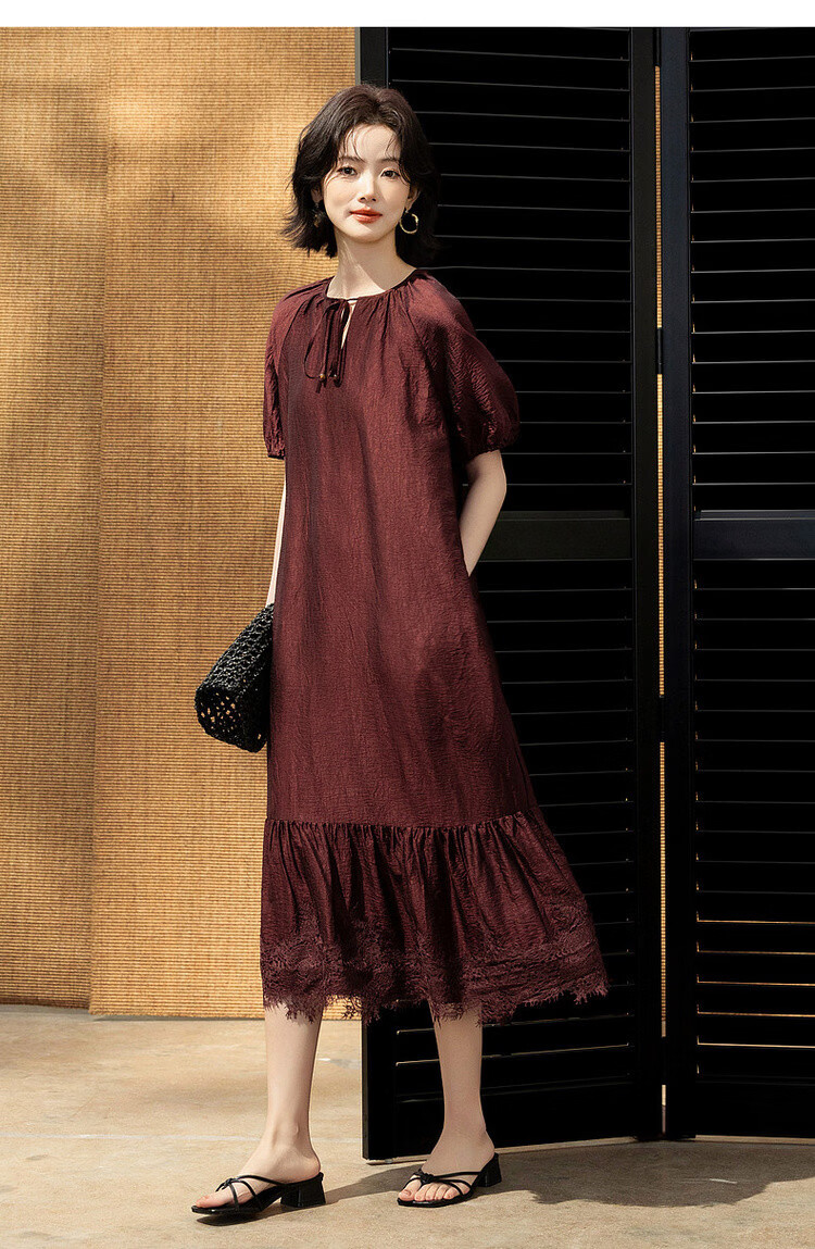 Demana Wrinkled Acetate Summer Vacation Style Tassel V-Neck Lace Splice Loose Mid-Length Women's Dress 18