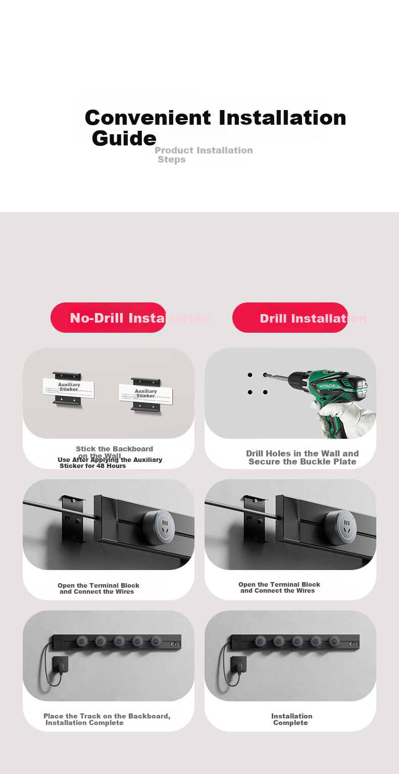 CHIGO Track Socket with Cable Kitchen Bedroom Surface Mounted Portable Power Track Extension Socket Board Wall-mounted Rail Socket 80cm Track + 4 Five-hole Outlets Black 18