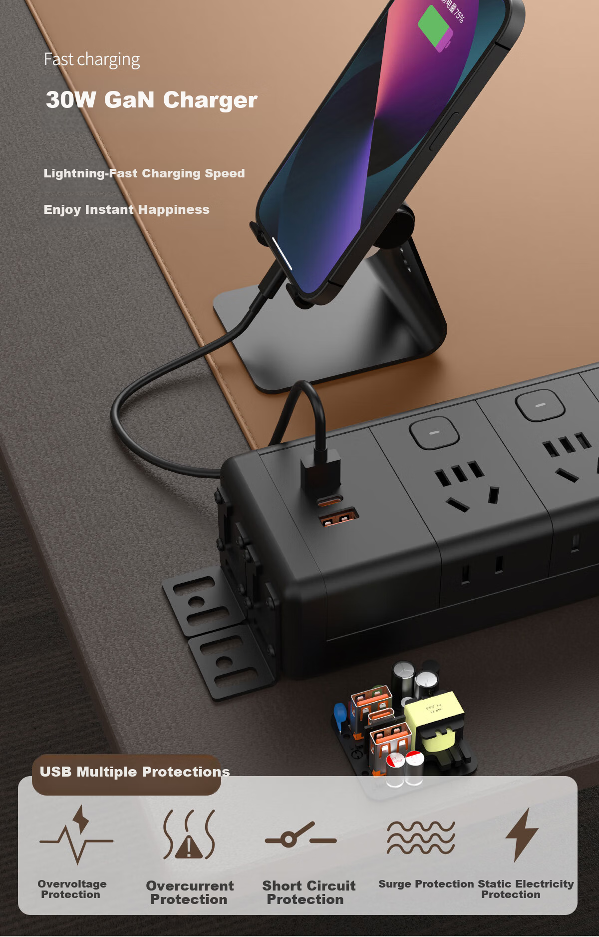 PHILIPS Aluminum Alloy PDU Power Strip 12-Outlet Desktop Controlled Side Socket Surge Protector Overload Protection Gaming Office Computer Desk Under-Desk No-Drill Extension Cord Socket Board 6