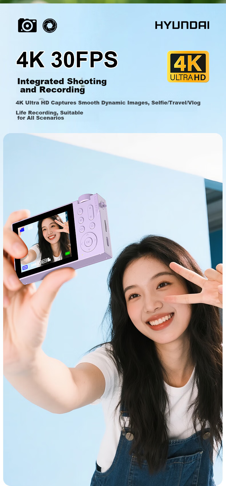 HYUNDAI Modern CCD Digital Camera Vlog Photography Travel Camera Student Entry-Level Dual Screen Selfie Cream White 32GB 4