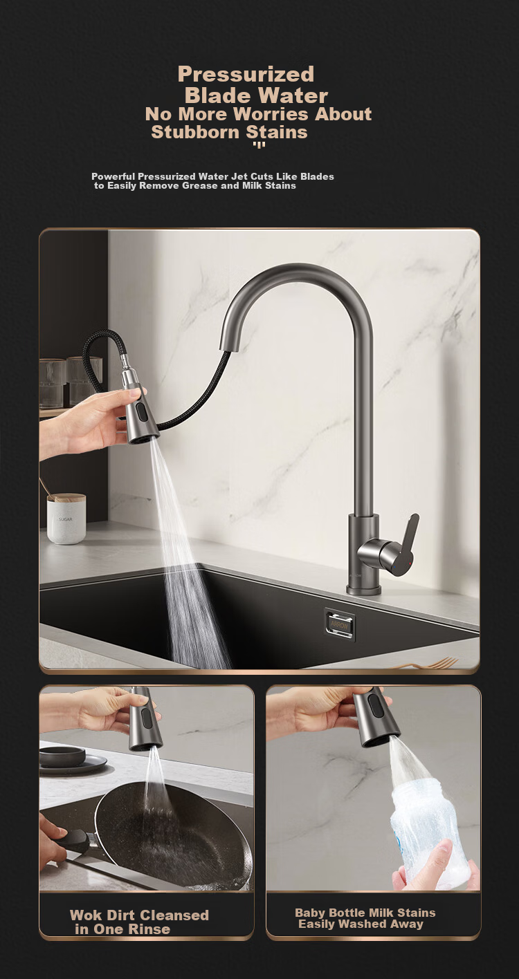 ARROW Kitchen Faucet Gunmetal Gray Dual Control Pull-Out Stainless Steel Sink Faucet 11