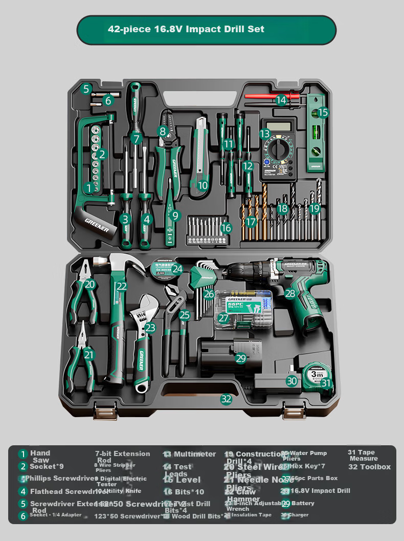 Green Forest 34-Piece 21V Impact Lithium Drill Set Multi-Function Household Toolbox Hardware Electrician Repair Kit 14