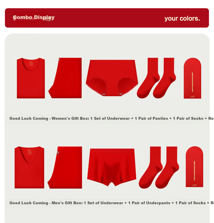 Hodo Women's Thermal Seamless Red Underwear Set Autumn Shirt and Pants Antibacterial Soft Cotton Underwear and Socks Gift Box [Qiji Red] 19