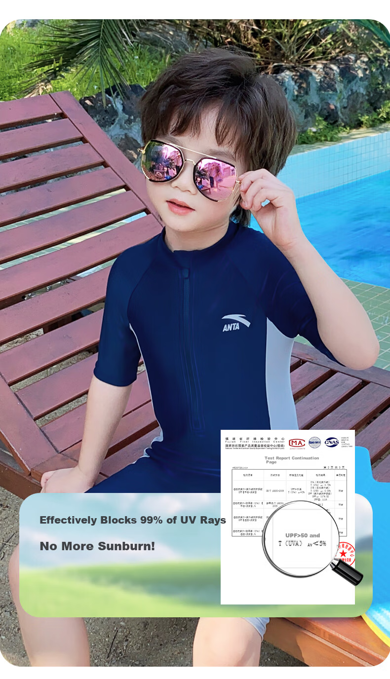 ANTA Kids Boys 2024 New Style Youth One-Piece Quick-Dry Professional Training Swimsuit Blue White 140 8
