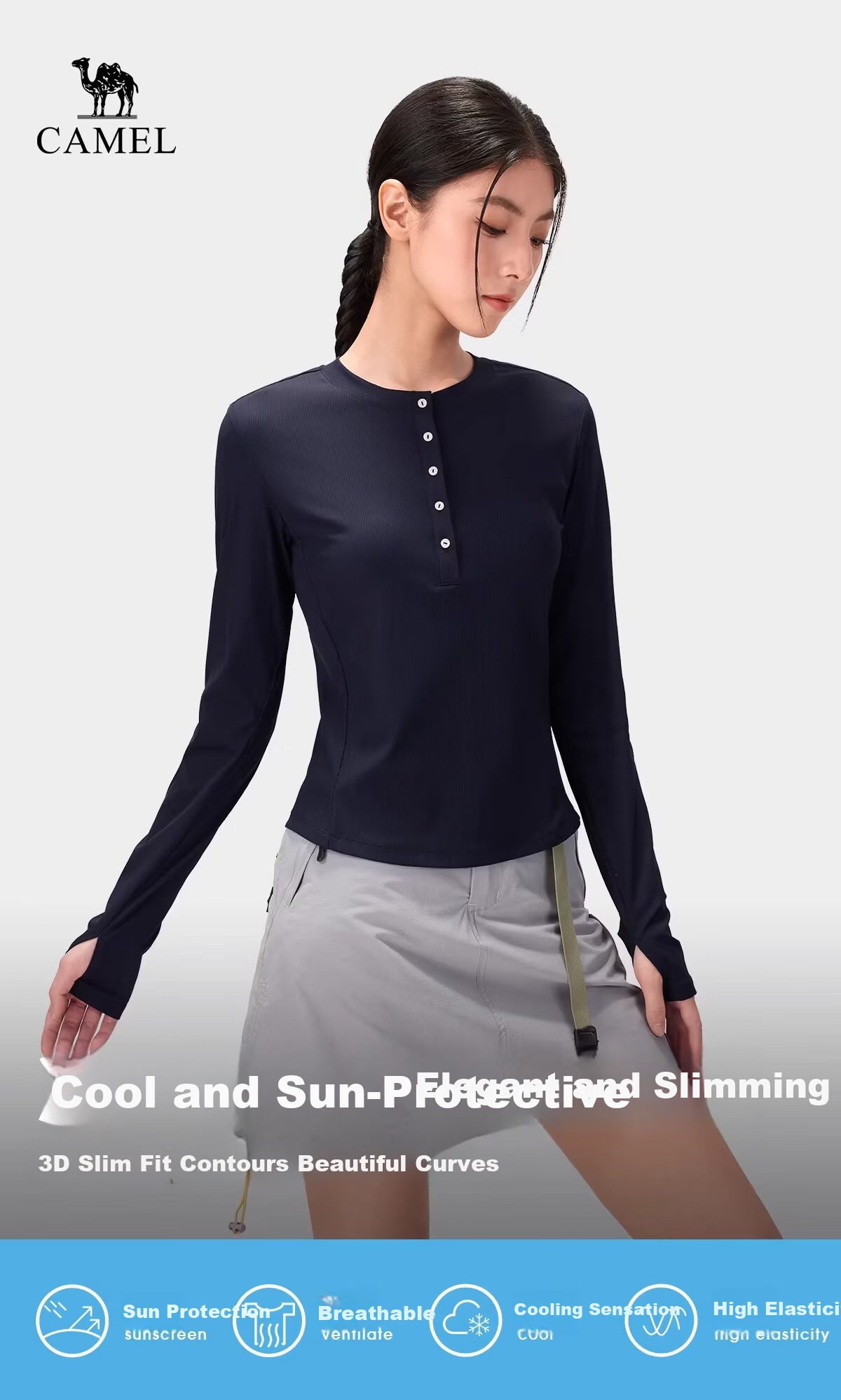 CAMEL Women's Outdoor Base Layer Long Sleeve Stretch Slim Cooling Sun Protection T-Shirt for Hiking Mountaineering Cycling T8038 Spring Summer 2026 1