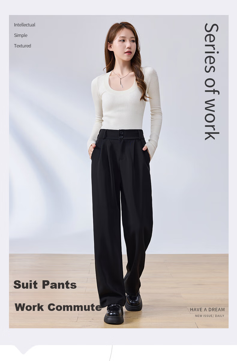 LangSha Wide-Leg Pants for Women, Spring And Autumn High-Waisted Draping Straight-Leg Elegant Slimming Black Trousers 1