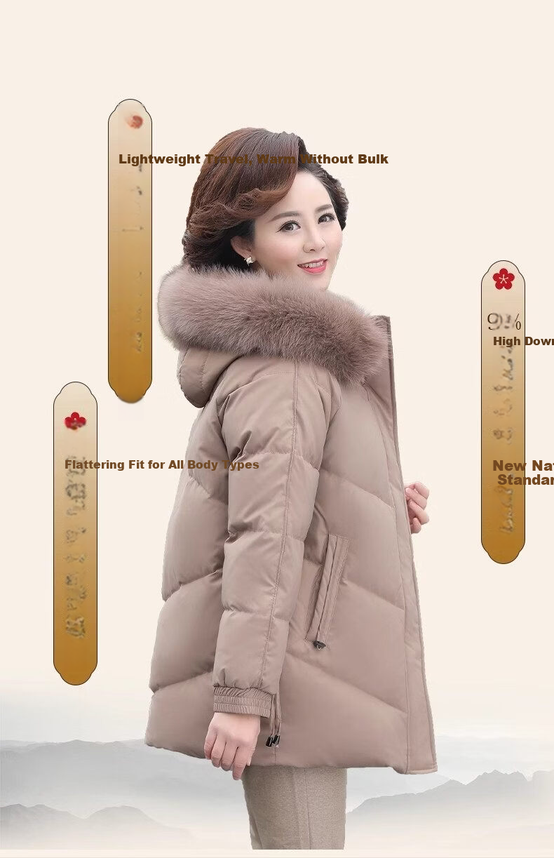 Qiufuluo Women's Winter Down Jacket with Genuine Fox Fur High-End Coat Middle-Aged and Elderly Fashionable Warm Clothing for 50s and 60s 1
