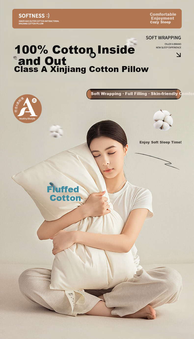 Grace A-Class Pure Cotton Pillow Core 100% Cotton Pillow for Adults Neck Support Pillow 1