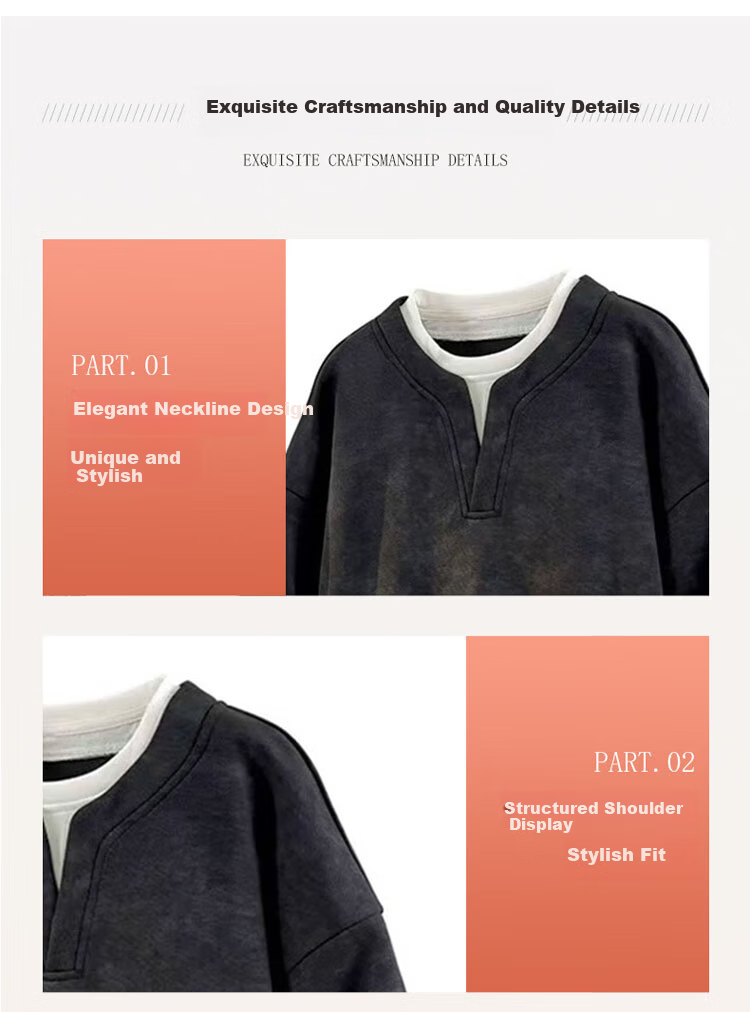 TUCANO Men's Sweatshirt Spring Autumn Long Sleeve Loose Fit Crew Neck Two-in-One American Vintage Jacket Black 3XL 2