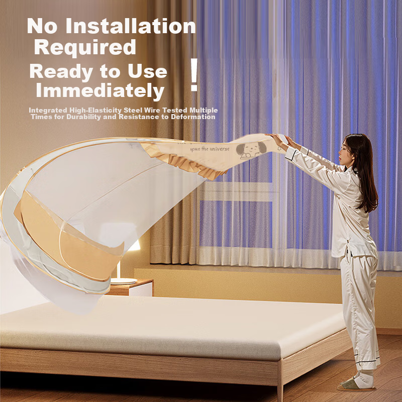 MUJI Type A No-Installation Anti-Fall Steel Wire Mosquito Net Three-Door Foldable Dense Mesh Mongolian Style Mosquito Net for 1.8x2m Bed