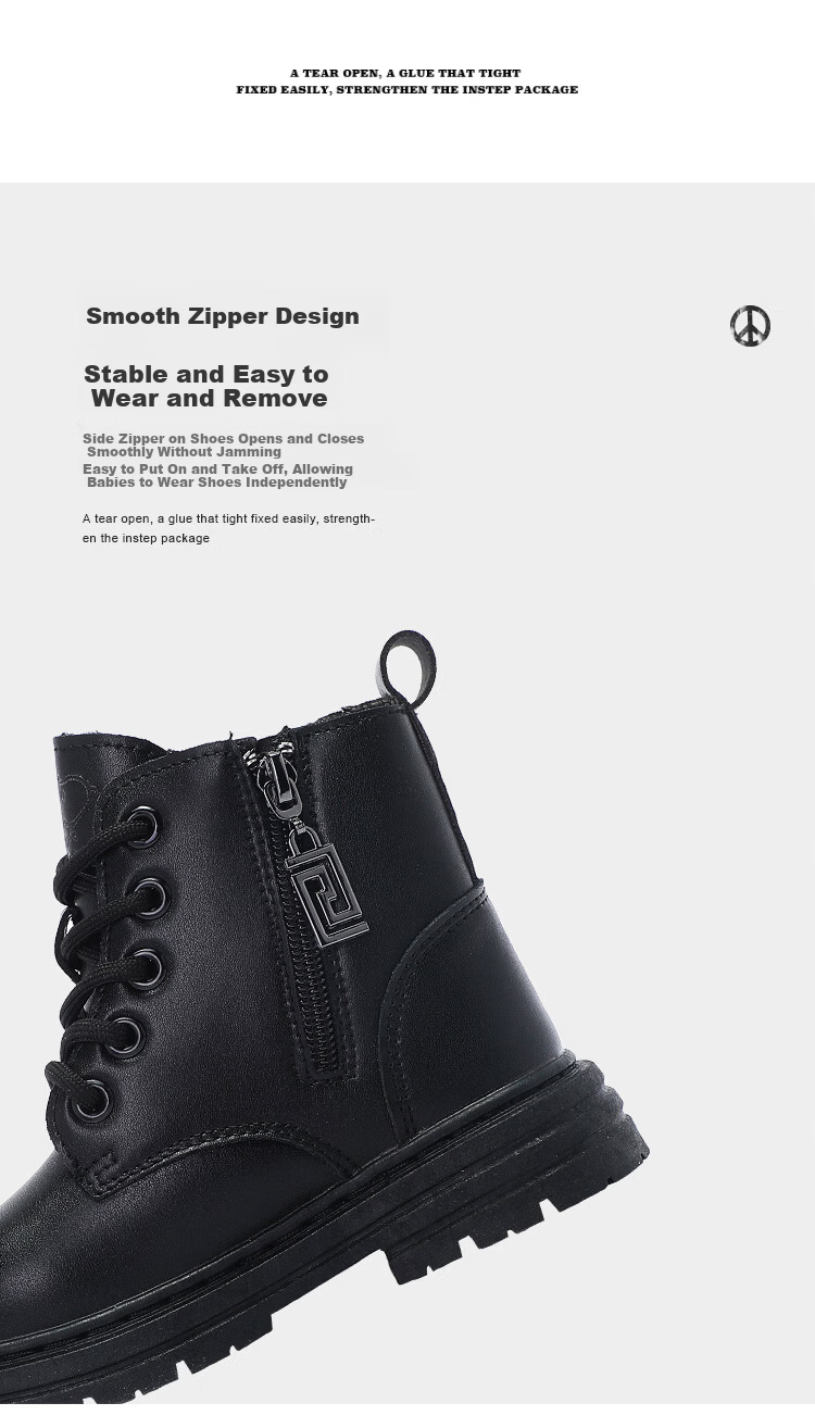 SNOOPY Kids Martin Boots Winter Fleece Lined Warm Leather Boots Boys Girls Mid-Calf Trendy 3930 Black Size 32 7