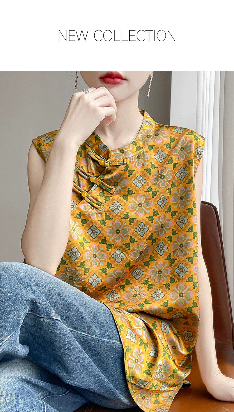 Demana [Oriental Aesthetics] Spring National Style New Chinese Satin Jacquard Shirt with Frog Buttons Mid-Length Women's Blouse 1