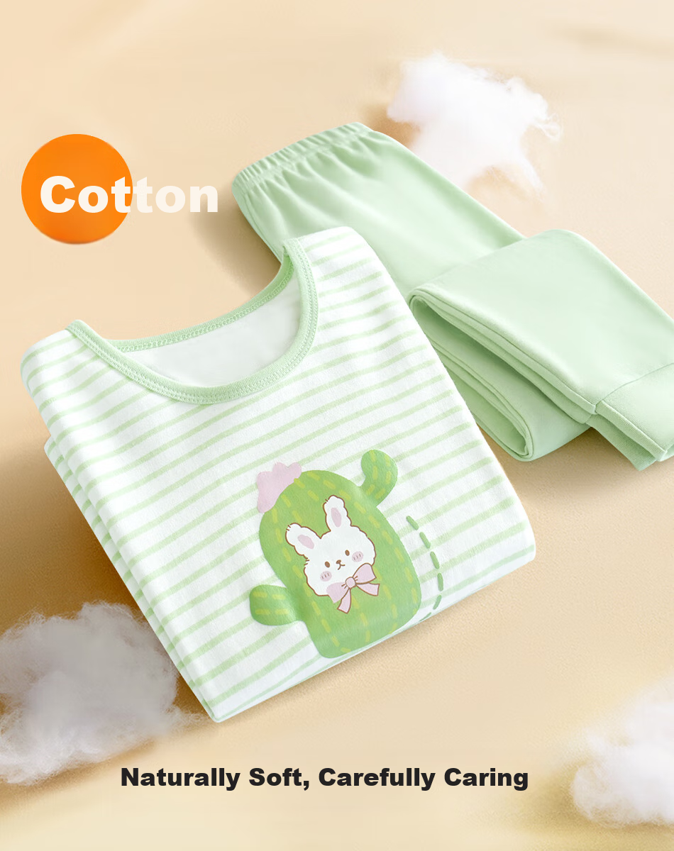 Yiershuang Children's Autumn Cotton Thermal Underwear Set Girls High-Waist Belly Protection Pajamas Sleepwear Top and Bottom 9