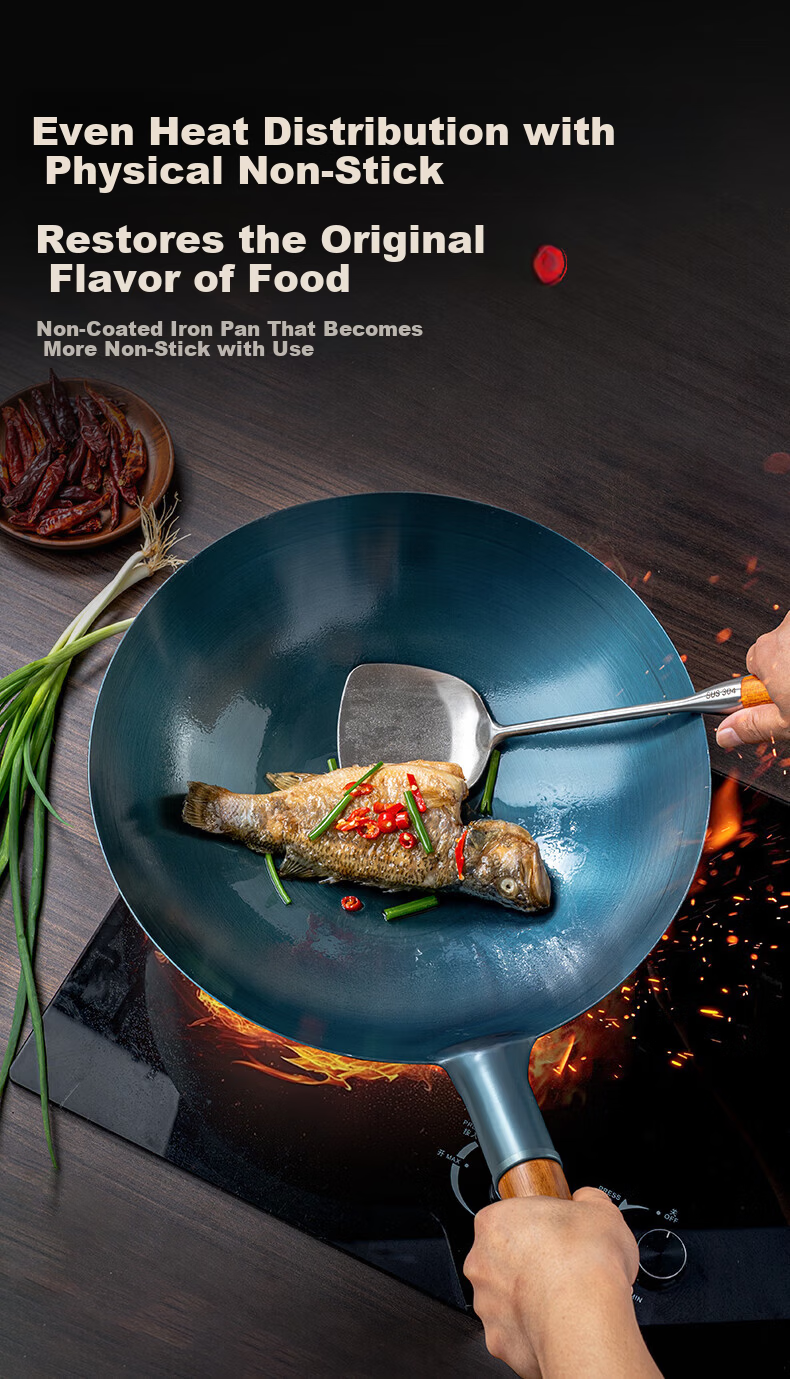 CHUI DA REN Zhangqiu Handmade Forged Iron Wok Round Bottom Traditional Non-Coated Non-Stick Stir-Fry Pan Gas Stove Compatible with Lid 38cm 6