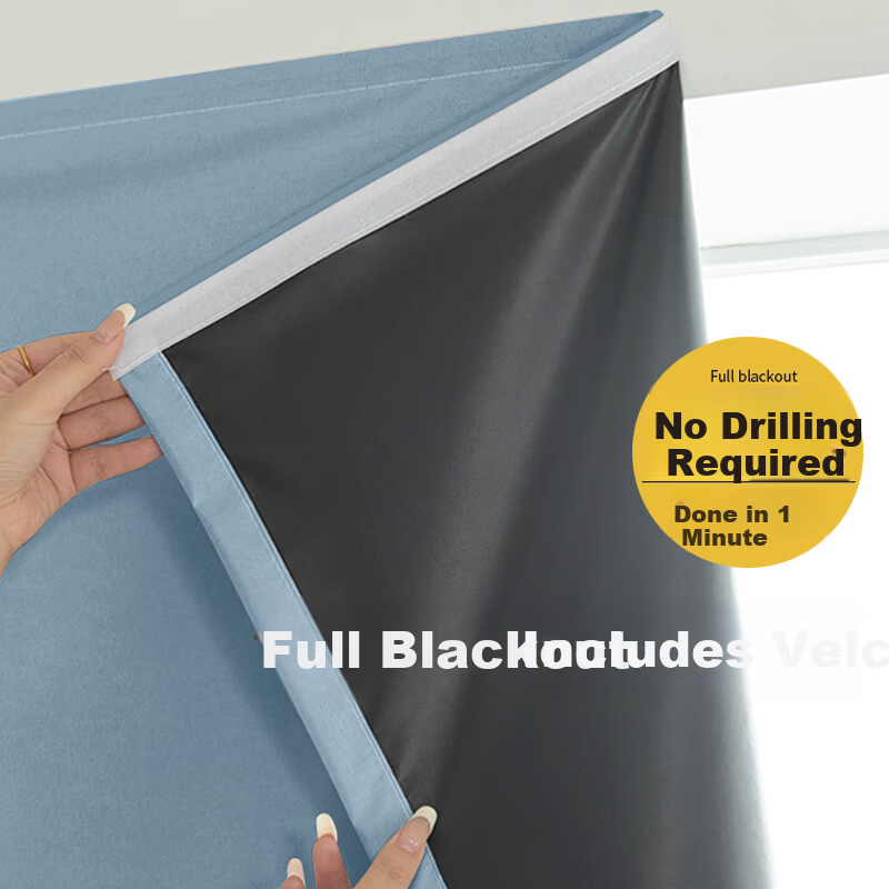 Jueming Curtain Magic Tape Full Blackout Bedroom No-Drill Sunshade Curtain 41-Shuttle Light Blue 0.9m Width x 1.5m Height 1 Piece