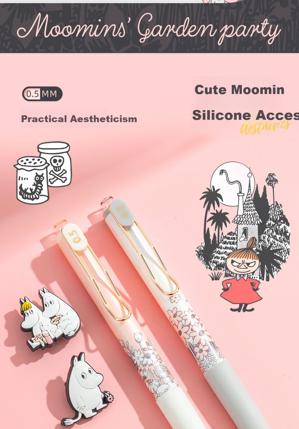 MASMARCU Morning Light Stationery Moomin Series Metal Click Black 0.5mm Gel Pen Smooth Signature Pen Exam Office Blue Tip 1-Pack GP263722 12