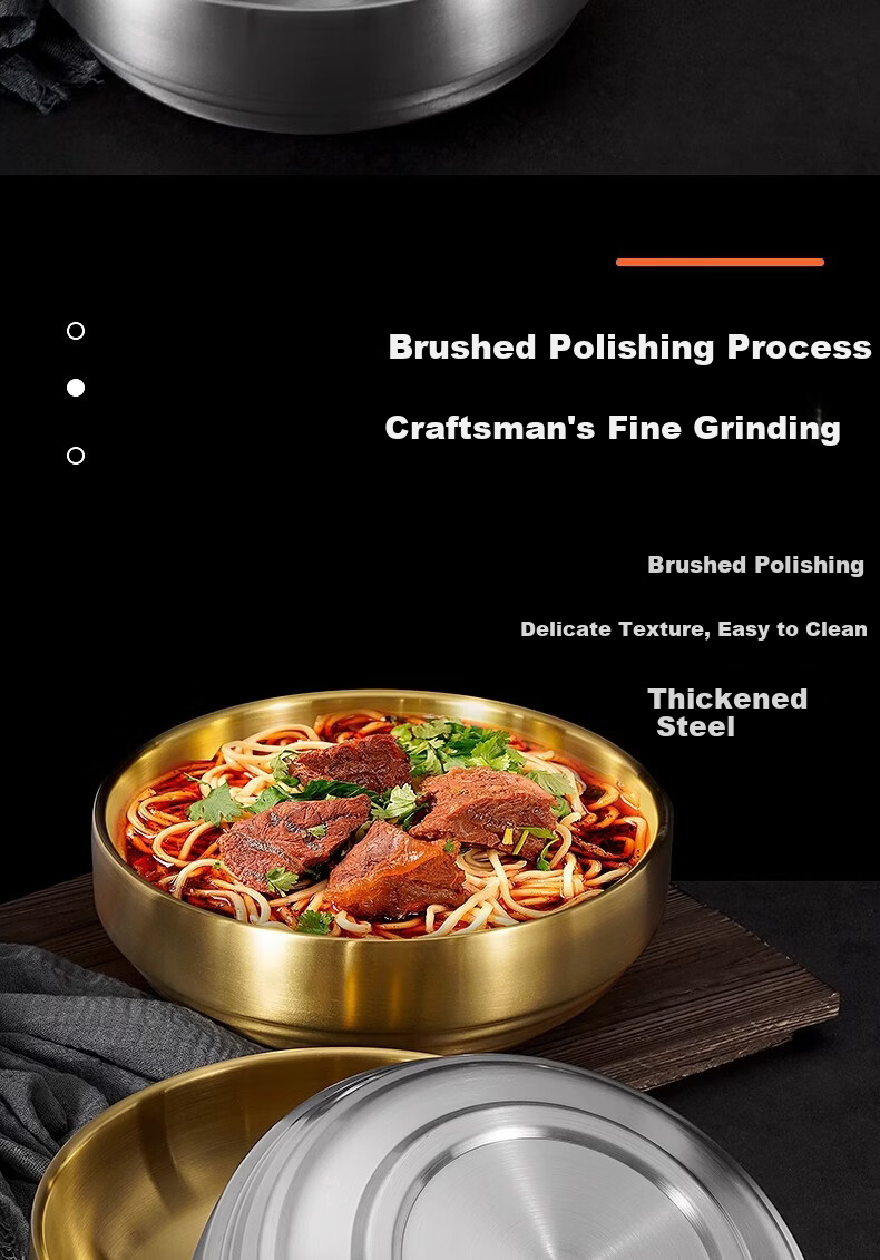 Caitang Thickened Stainless Steel Korean Cold Noodle Bowl Double-Layer Anti-Scald Korean Bibimbap Soup Bowl Gold 21cm Jingcang 3