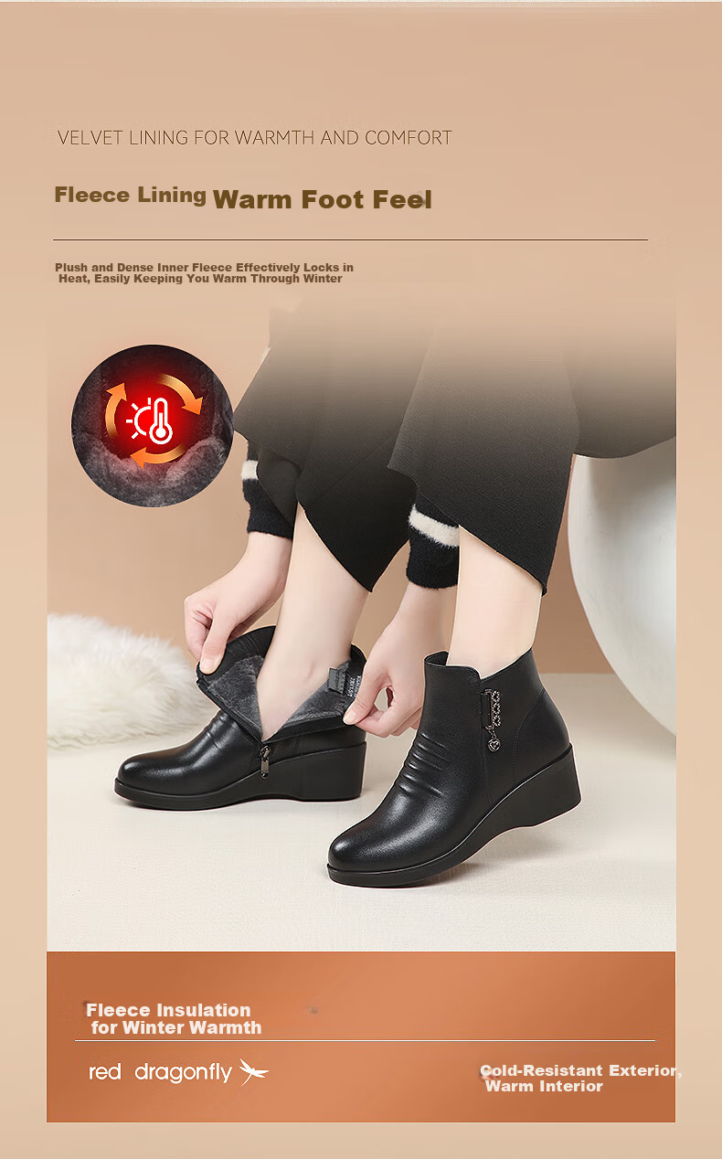 Red Dragonfly Women's Short Boots Fleece Lined Thickened Mid-Aged Cotton Wedge Heel Mom Boots WTC443021C Black Size 35 5
