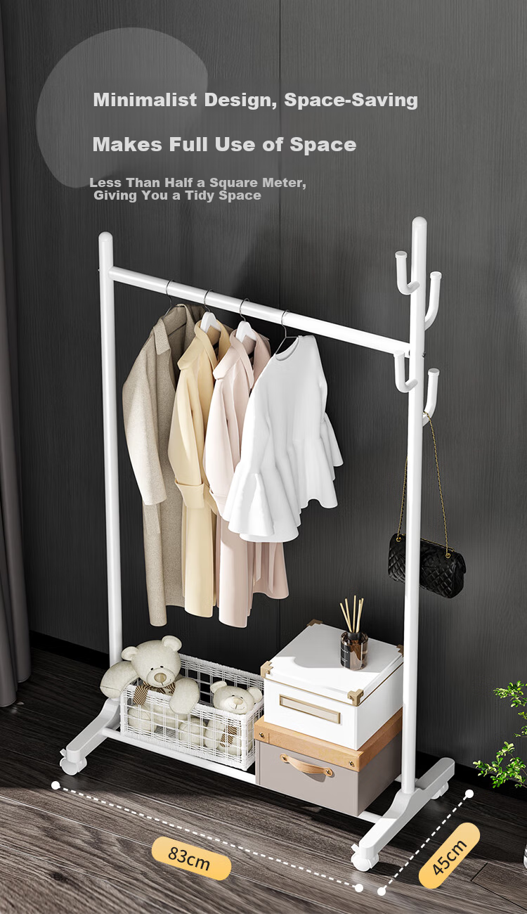 QIAONAMEI Floor Clothes Rack Coat Hanger Folding Clothes Rack with Basket Thickened 4488-WH 5