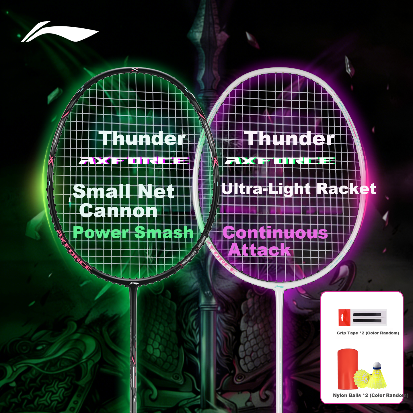 LI-NING Badminton Racket Full Carbon Thunder Small Steel Cannon 4U Black VS Thunder EX White 5U Pre-Strung Set